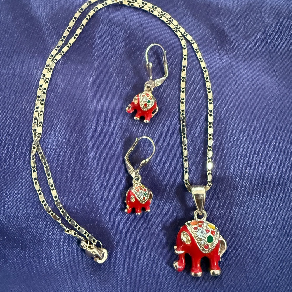 Red Elephant Pendant Necklace and Earring Set